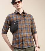 men's long sleeves tartan checks brown shirt