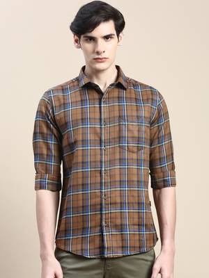 men's long sleeves tartan checks brown shirt 2