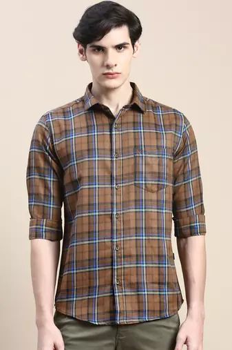 men's long sleeves tartan checks brown shirt