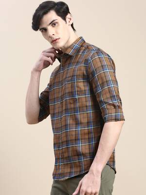 men's long sleeves tartan checks brown shirt 3