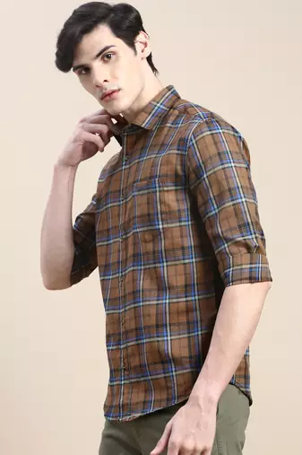 men's long sleeves tartan checks brown shirt