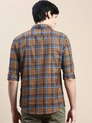 men's long sleeves tartan checks brown shirt 4