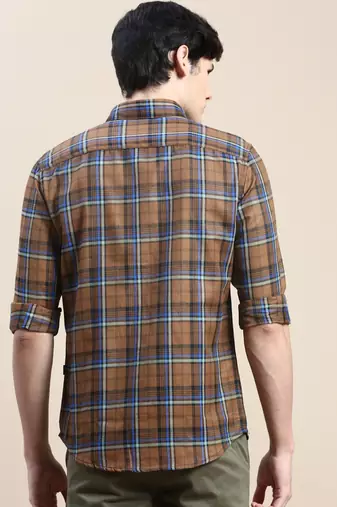 men's long sleeves tartan checks brown shirt