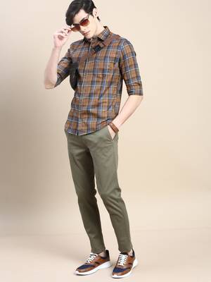men's long sleeves tartan checks brown shirt 5