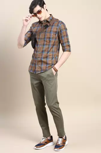 men's long sleeves tartan checks brown shirt