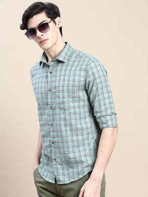 men's long sleeves tartan checks green shirt 1