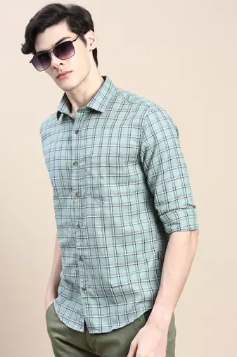 men's long sleeves tartan checks green shirt
