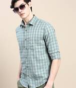 men's long sleeves tartan checks green shirt