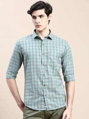 men's long sleeves tartan checks green shirt 2