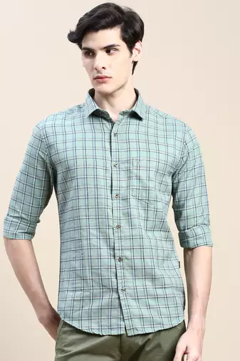 men's long sleeves tartan checks green shirt