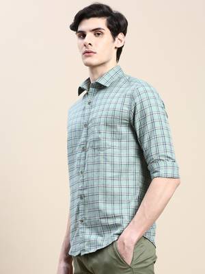 men's long sleeves tartan checks green shirt 3