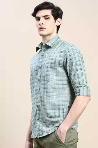 men's long sleeves tartan checks green shirt