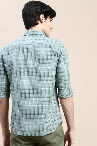 men's long sleeves tartan checks green shirt