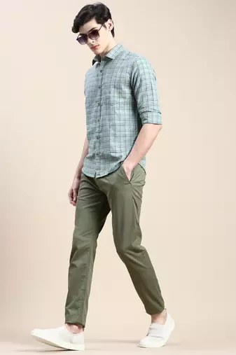 men's long sleeves tartan checks green shirt
