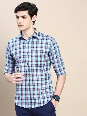 men's long sleeves tartan checks blue shirt 1