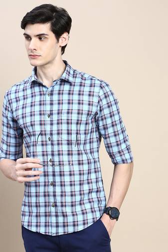 men's long sleeves tartan checks blue shirt