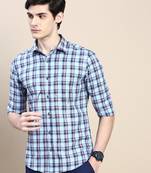 men's long sleeves tartan checks blue shirt