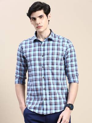 men's long sleeves tartan checks blue shirt 2
