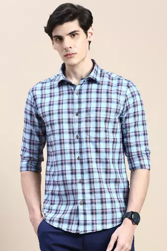 men's long sleeves tartan checks blue shirt