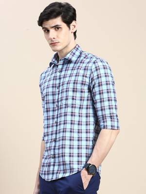 men's long sleeves tartan checks blue shirt 3