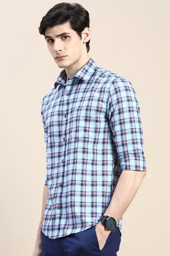 men's long sleeves tartan checks blue shirt