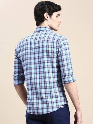 men's long sleeves tartan checks blue shirt 4