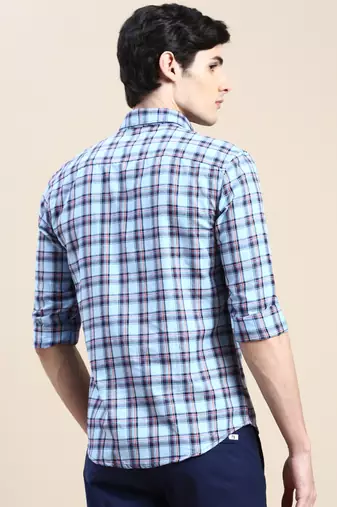 men's long sleeves tartan checks blue shirt