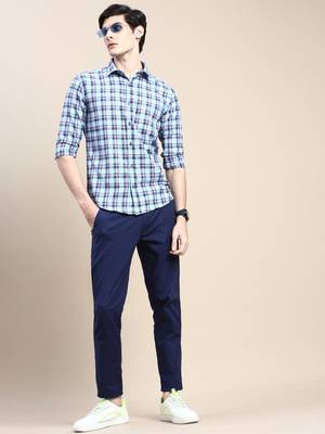 men's long sleeves tartan checks blue shirt 5