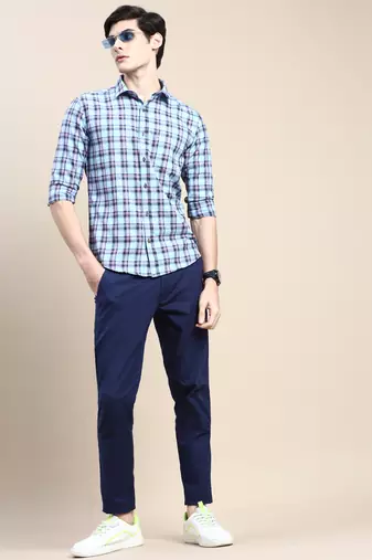 men's long sleeves tartan checks blue shirt