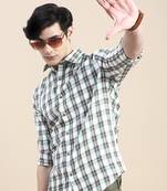 men's long sleeves tartan checks white shirt