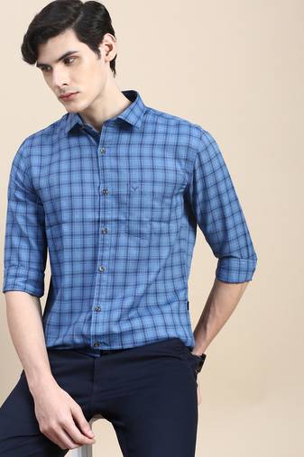 men's long sleeves tartan checks blue shirt