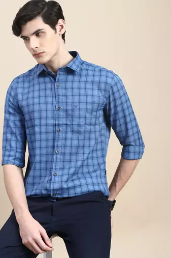 men's long sleeves tartan checks blue shirt