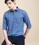 men's long sleeves tartan checks blue shirt