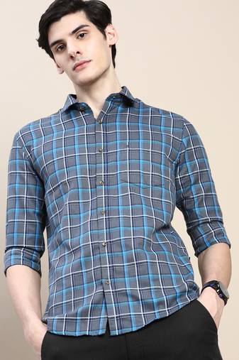 men's long sleeves tartan checks grey shirt