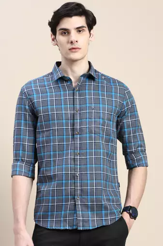 men's long sleeves tartan checks grey shirt