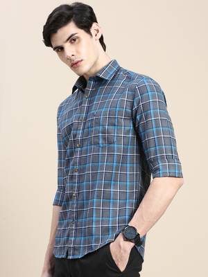 men's long sleeves tartan checks grey shirt 3
