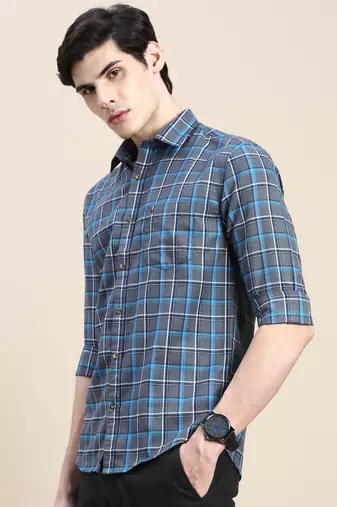 men's long sleeves tartan checks grey shirt