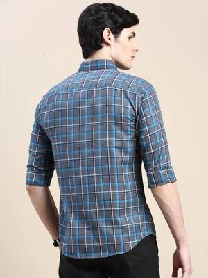 men's long sleeves tartan checks grey shirt 4