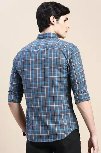 men's long sleeves tartan checks grey shirt