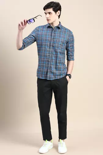 men's long sleeves tartan checks grey shirt