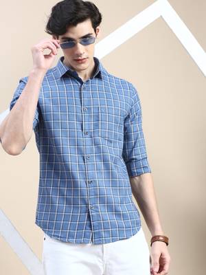 men's long sleeves tartan checks blue shirt 1