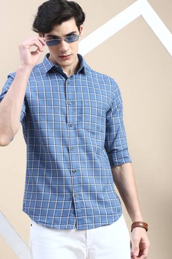 men's long sleeves tartan checks blue shirt