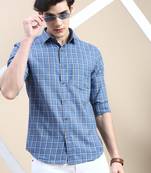 men's long sleeves tartan checks blue shirt