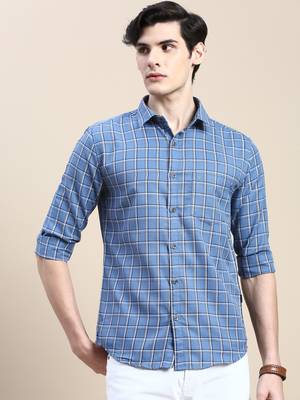 men's long sleeves tartan checks blue shirt 2
