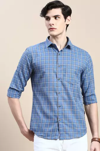 men's long sleeves tartan checks blue shirt