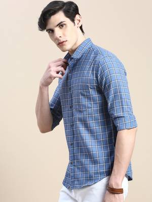 men's long sleeves tartan checks blue shirt 3