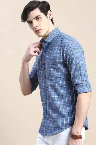 men's long sleeves tartan checks blue shirt