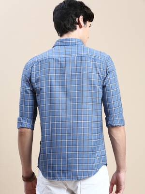 men's long sleeves tartan checks blue shirt 4