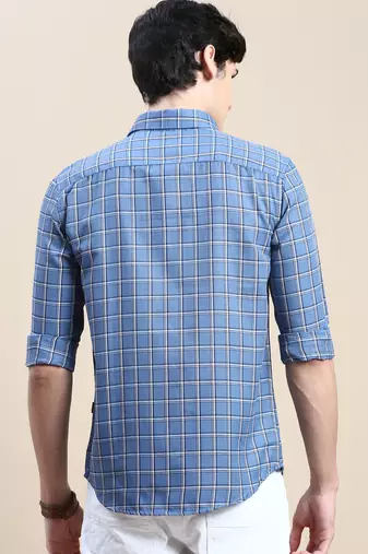 men's long sleeves tartan checks blue shirt