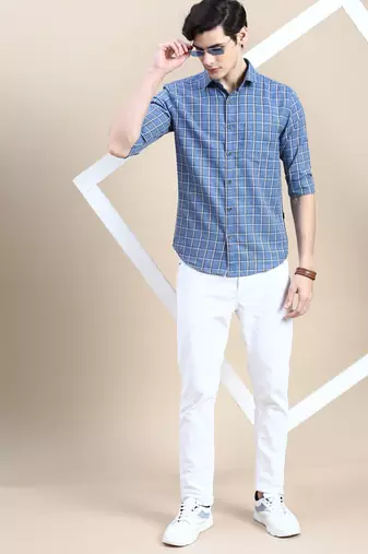 men's long sleeves tartan checks blue shirt